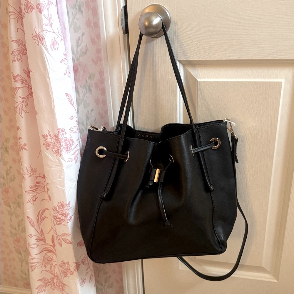 Zara Black Leather Drawstring Bucket Shoulder Bag with Gold Hardware